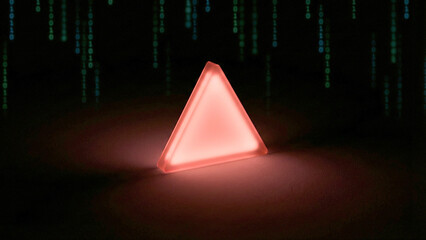 赤い警告アイコンがきらめき、デジタルコードの雨がさらさら流れるサイバー空間を表現。危機感と未来への強さや回復力を感じさせ、セキュリティ関連の広告