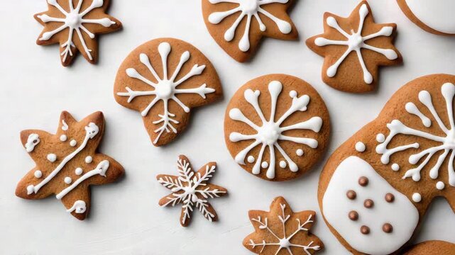 Gingerbread cookie icing snowflake decorations on white background cozy christmas treat collection