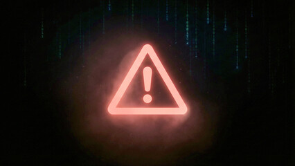 赤い警告アイコンがきらめき、デジタルコードの雨がさらさら流れるサイバー空間を表現。危機感と未来への強さや回復力を感じさせ、セキュリティ関連の広告
