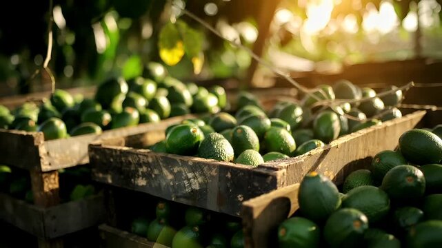 A closeup shot of a wooden crate filled with green avocados, with the sun casting a warm, golden hue over the scene. The avocados vibrant green hue contrasts with the rustic wooden crate.