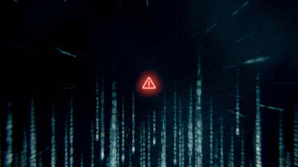 赤い警告アイコンがきらめき、デジタルコードの雨がさらさら流れるサイバー空間を表現。危機感と未来への強さや回復力を感じさせ、セキュリティ関連の広告