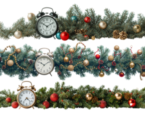 Alarm clock Christmas tree branch with balls isolated on transparent background