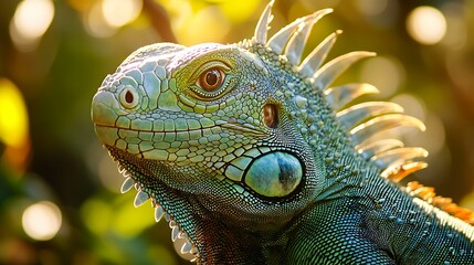 Fototapeta premium Green iguana basking in natural sunlight showing textured scales and detailed eye