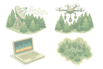 Bioacoustic Technology Fusion. Isometric vector illustration set Bioacoustic observatory: radio telescopes pointed toward dense