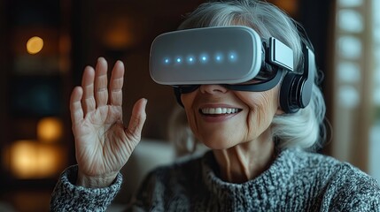 Happy senior woman wearing virtual reality headset. Elderly lady exploring metaverse and touching air. Concept of AgeTech, modern retirement, and VR therapy