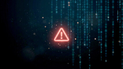 赤い警告アイコンがきらめき、デジタルコードの雨がさらさら流れるサイバー空間を表現。危機感と未来への強さや回復力を感じさせ、セキュリティ関連の広告