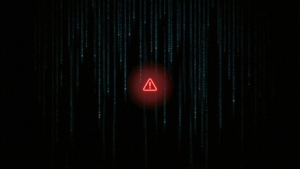 赤い警告アイコンがきらめき、デジタルコードの雨がさらさら流れるサイバー空間を表現。危機感と未来への強さや回復力を感じさせ、セキュリティ関連の広告