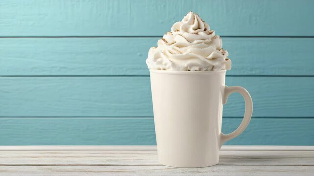 White ceramic mug with whipped cream cinnamon dusting on rustic table cozy hot drink coffee scene
