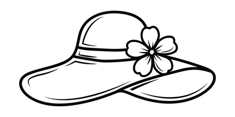 Stylized outline drawing of a broad-brimmed sun hat adorned with a flower