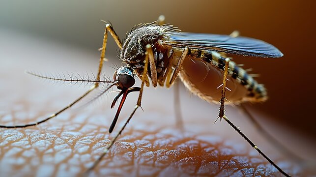 Macro view of a mosquito feeding on human skin, showing its proboscis