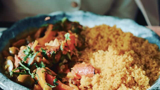 Close up of couscous paired with a colorful vegetable stew