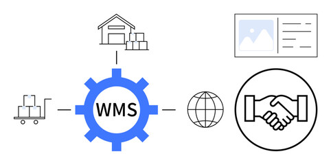 Warehouse management system WMS. WMS gear linking logistics, global inventory management, and operational collaboration. WMS improving efficiency across supply chains. For logistics, inventory