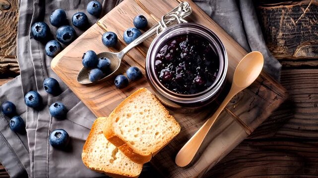 A rustic wooden table setting with a jar of blueberry jam and fresh blueberries on a wooden cutting board. The scene is complemented by a wooden spoon, a slice of white bread.