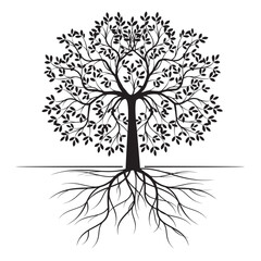 Green Tree wiBlack Tree with Leaves and Roots. Outline Illustration. Plant in Garden.th Leaves and Roots. Vector outline Illustration. Plant in Garden.