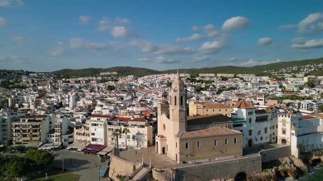 Church of Saint Bartholomew in Sitges, Barcelona, ​​Spain - aerial drone view