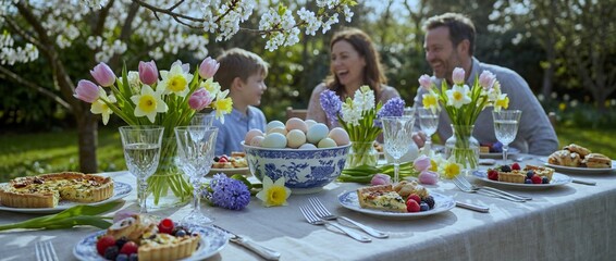 Family gathering in garden for spring meal with flowers