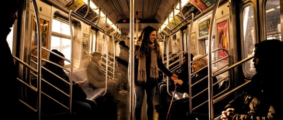 Woman interacts with passengers on a subway train in New York City