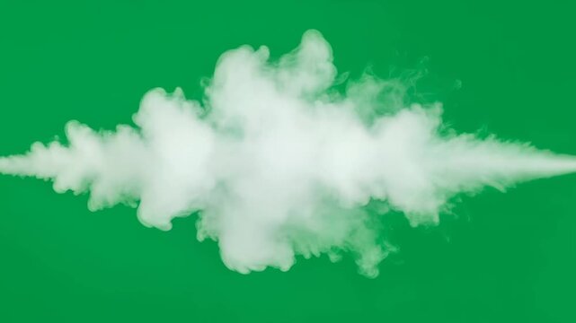 White steam and smoke effect expanding then contracting on green background for chromakey visual element
