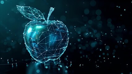A digital artwork of a glowing, polyhedronlike apple. The apple is rendered in a deep blue hue, with white lines and points that give it a threedimensional appearance.