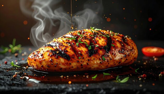 Grilled poultry fillet glistens with savory glaze amidst rising steam and scattered spices