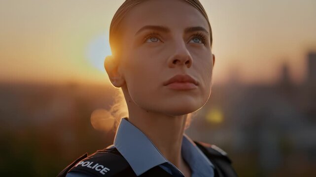 A woman in a police uniform stands confidently against the backdrop of a sunset, symbolizing strength and duty. The police uniform reflects the commitment to service and safety.