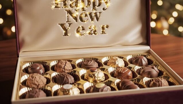 Elegant box of assorted chocolates with illuminated 'Happy New Year' lid, perfect festive gift