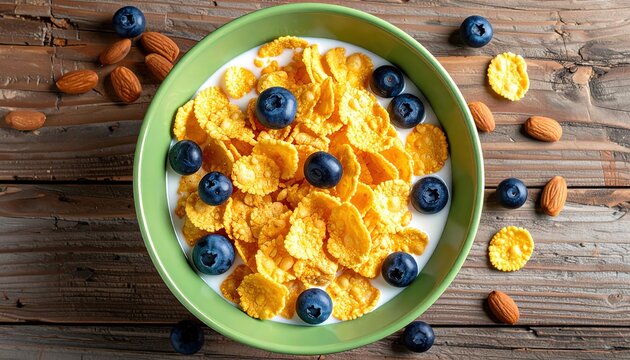 Bowl of golden flakes with fresh blueberries and almonds rests on a rustic wooden surface - Powered by Adobe