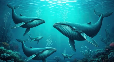 Fototapeta premium Whales gracefully glide through a vivid turquoise ocean exploring sunlit depths