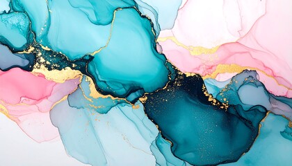 Abstract fluid art with flowing teal, pink, and gold