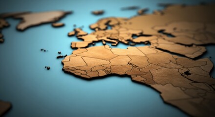 Wooden world map focused on Africa with shallow depth of field and texture
