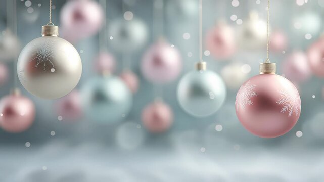 Soft pastel Christmas ornaments hanging in a snowy bokeh background creating a clean elegant winter holiday scene for banners greeting cards and seasonal designs