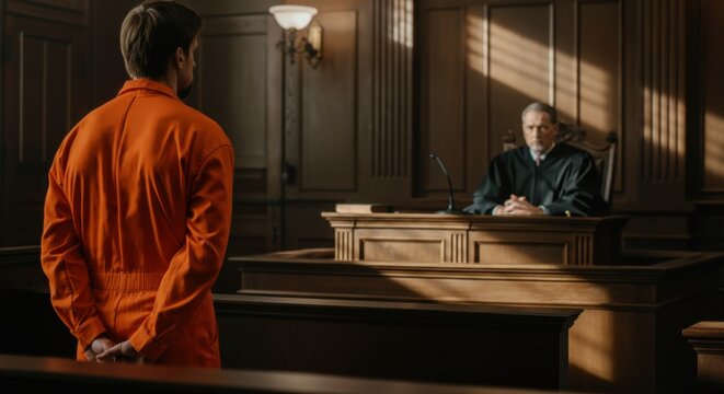 Man in orange jumpsuit stands at courtroom podium facing a stern judge