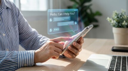Male using smartphone with virtual assistant display in office setting