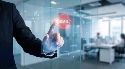 Businessman interacting with virtual holographic interface in modern office