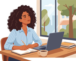 Obraz premium Creative woman working with a laptop at a desk by a large window with trees outside in a bright and modern workspace minimal background and natural