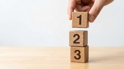 Hand stacking wooden numbered blocks on wooden surface