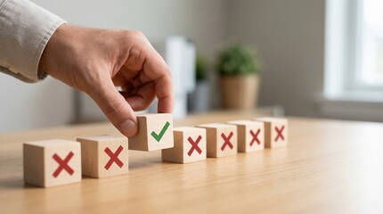 Selecting correct choice concept with check mark block among red xs on wooden cubes