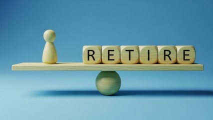 Balancing retirement concept with wooden blocks on seesaw against blue background