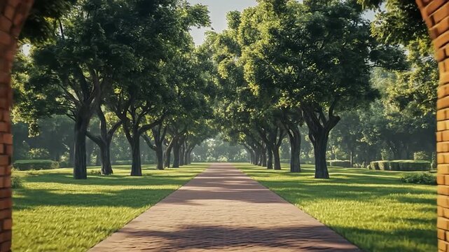 View through brick archway leads to a brick path lined with trees in a park-like setting