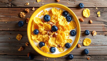 Bright yellow bowl filled with flakes and fresh blueberries rests on rustic wooden surface