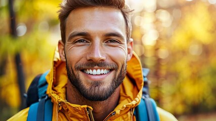 Smiling Adventurer: A close-up shot of a cheerful man, showcasing a radiant smile. He is enjoying the great outdoors in autumn, radiating positivity and confidence.
