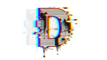 Glitch VHS letter D with pixel meltdown and analog ghosting on white background