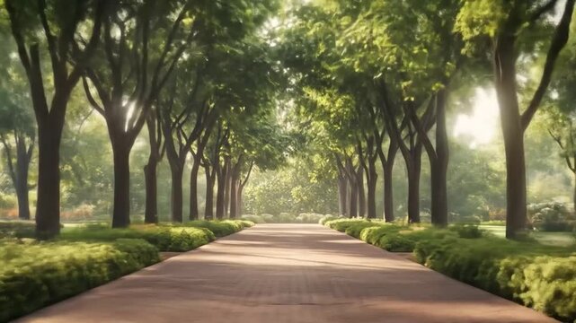 A tree-lined brick path leads into the distance, with green foliage and sunlight