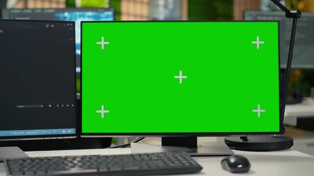 Green screen PCs on office desk used to implement algorithms enabling machine learning. Artificial intelligence technology company workspace with chroma key computers used to conduct code reviews