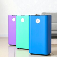 Three colorful air purifiers stand in a row