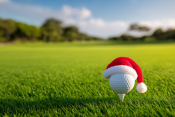 Golf ball with santa hat on green field under clear sky celebrating christmas