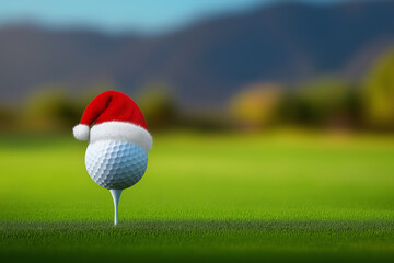 Santa hat on golf ball in scenic landscape