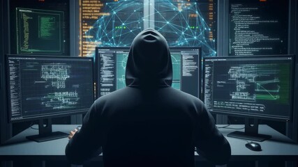Cybersecurity expert analyzes vibrant programming code and intricate wireframe data networks across multiple computer monitors in a mysterious digital environment - Powered by Adobe
