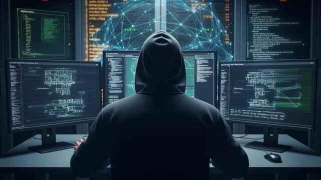 Cybersecurity expert analyzes vibrant programming code and intricate wireframe data networks across multiple computer monitors in a mysterious digital environment