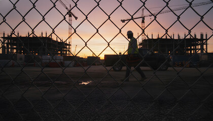 Sunset view of a construction site through a chain link fence